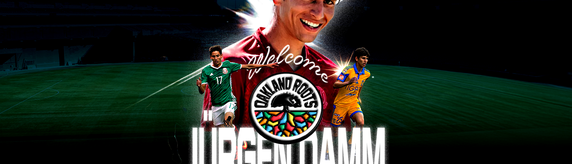 Graphic with images of Jürgen Damm, new Oakland Roots SC player.